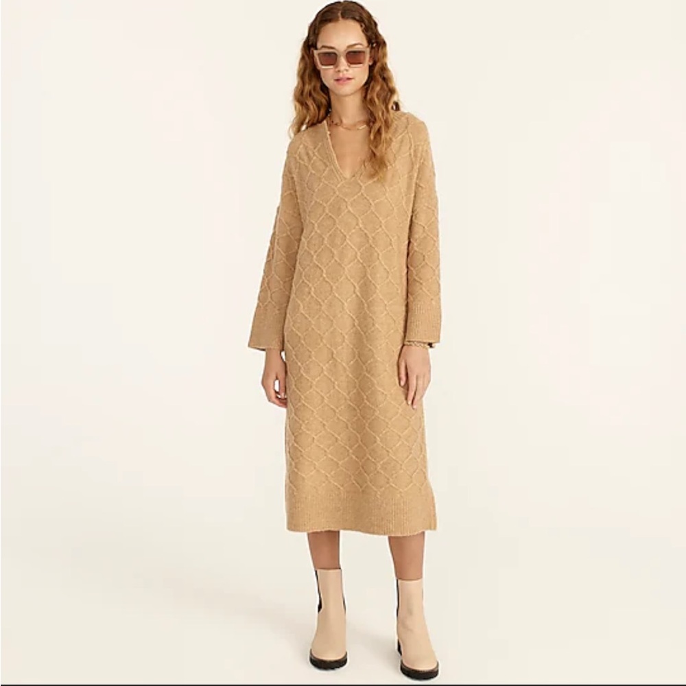 J. Crew cable knit stretch wool sweater dress Sz S/M midi alpaca merino tan